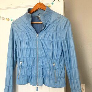 Beautiful unique and soft powder blue leather Per Se zipper moto style jacket